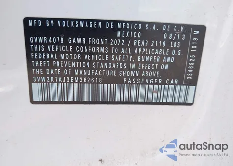 2014 Volkswagen Jetta 2.0L S z USA, uszkodzony, nr VIN 3VW2K7AJ3EM362618